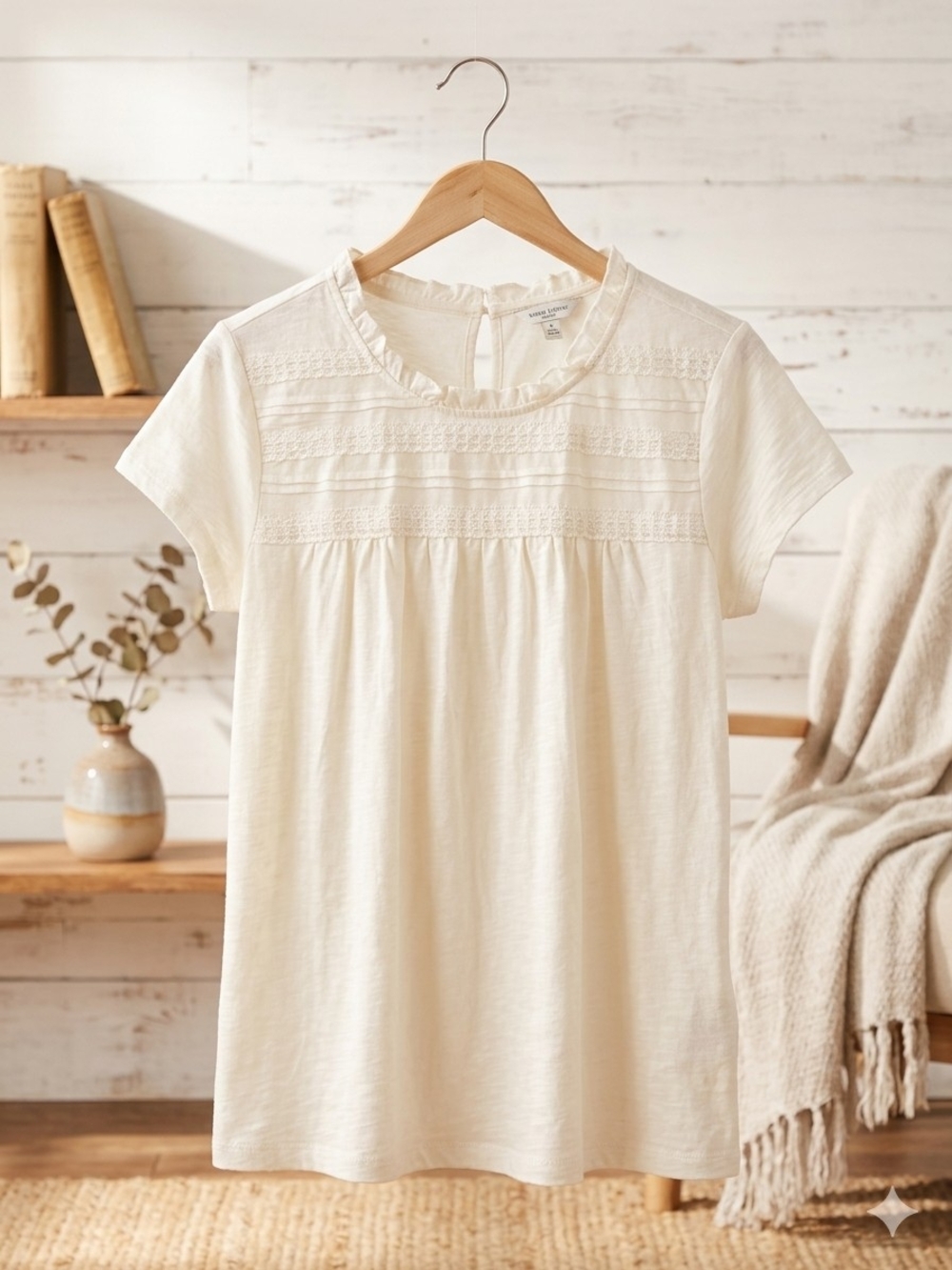 Ella Moss Cream Solid Short Sleeve Knit Pullover Blouse Crochet Trim Ruffle L
